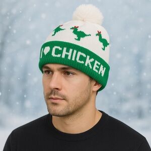 I ❤️ Chicken Winter Beanie Hat Green & White Knit Pom Pom Hat